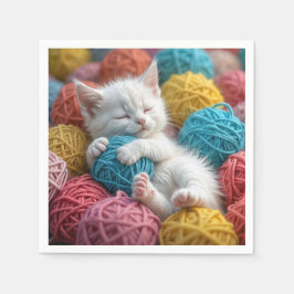 Weißes Kitten in Garnballen Serviette