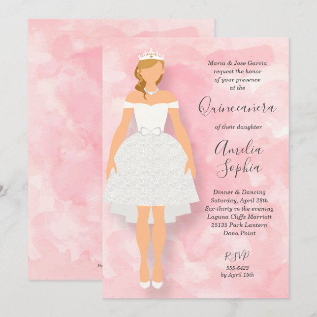 Weißes Kleid Rosa Quinceanera Einladungen (Vorne/Hinten)