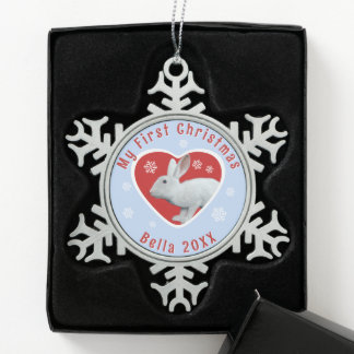 Weißes Kontinentales Riesenkaninchen Erstes Weihna Schneeflocken Zinn-Ornament