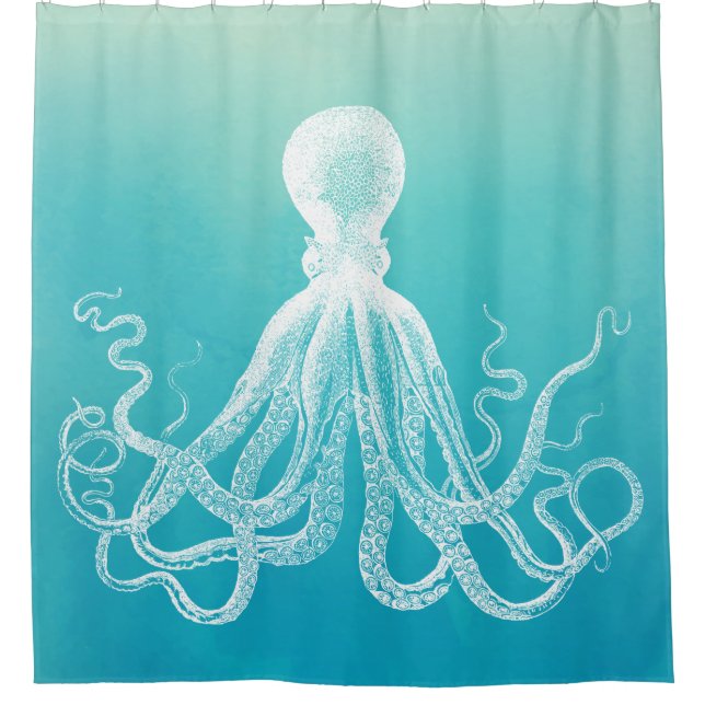 Weißes Kraken-einzigartiges Aqua blaue Ombre Duschvorhang (Vorderseite)