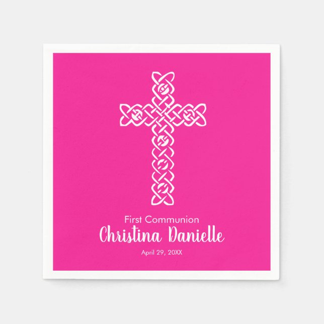 Weißes Kreuz Heiß rosa Kommunion Taufe Christening Serviette (Vorderseite)