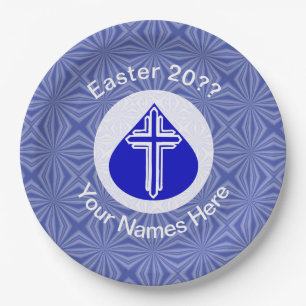 Weißes Kreuz in blauem Tränen-Tropfen Ostern perso Pappteller
