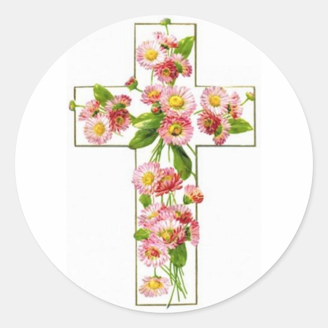 Weißes Kreuz mit rosa Florals Runder Aufkleber (Vorderseite)