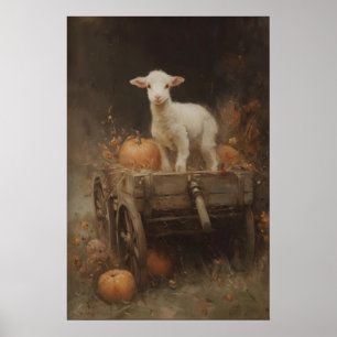 Weißes Lamm auf Holzwagen mit Kürbissen, Gotik Poster