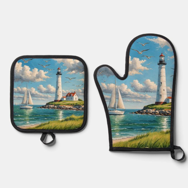 Weißes Leuchtturm mit Segelboot Ofenhandschuh & Topflappen-Set (Vorderseite)