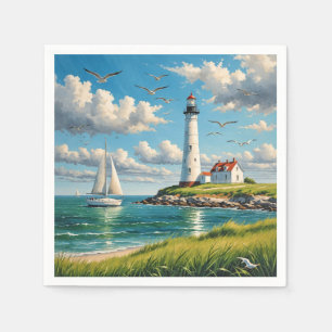 Weißes Leuchtturm mit Segelboot Serviette