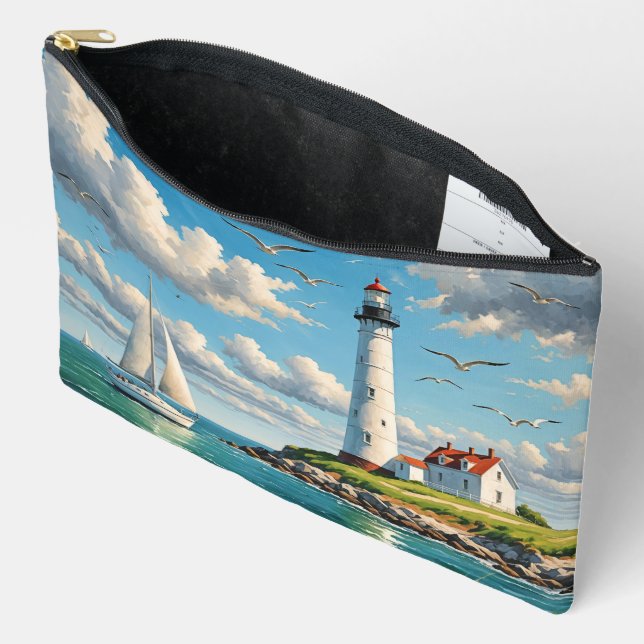 Weißes Leuchtturm mit Segelboot Zubehörtasche (Offen)