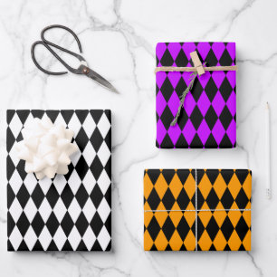 Weißes Lila Orange und Schwarzes Harlequin  Geschenkpapier Set