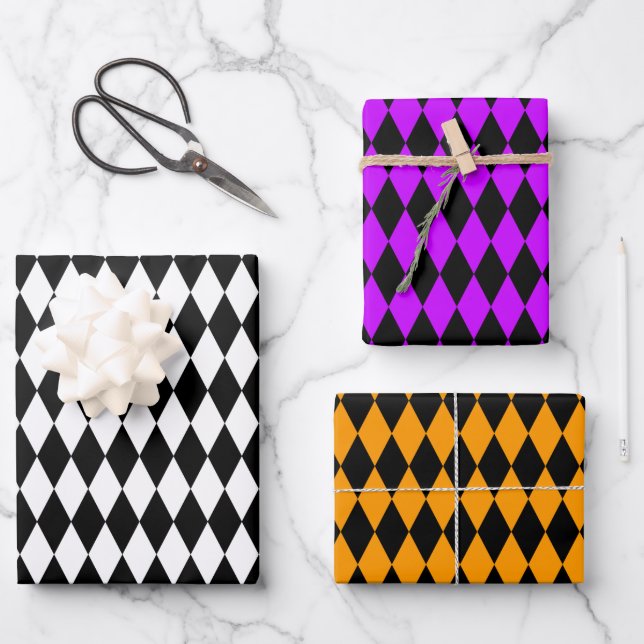 Weißes Lila Orange und Schwarzes Harlequin  Geschenkpapier Set (Vorderseite)