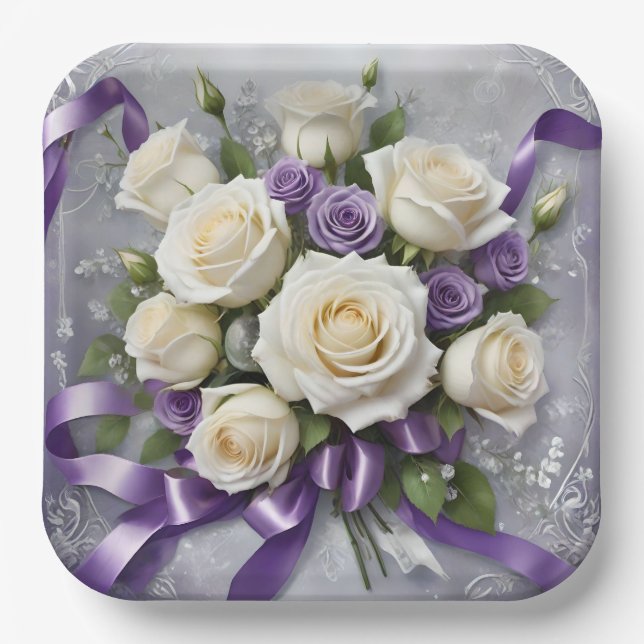 Weißes, lila Rose Bouquet, weiße Bänder Pappteller (Vorderseite)