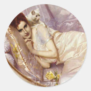 weißes lila silk Bett weißer Katzenfrauen-Dame Runder Aufkleber