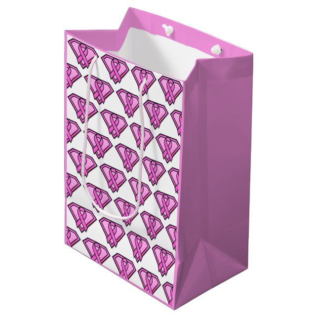 Weißes Logo "Brust Cancer Awareness Diamond" Mittlere Geschenktüte (Vorderseite Schrägansicht)