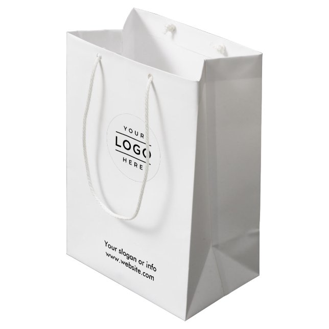 Weißes Logo-Geschenktasche mit Business-Branding Mittlere Geschenktüte (Vorderseite Schrägansicht)