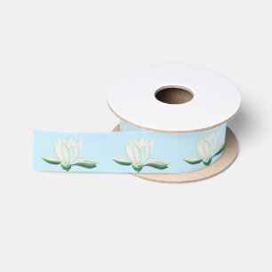 Weißes Luminous Lotus Illustration Light Blue Satinband