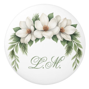 Weißes Magnolia Blossom Blumengrün Monogramm Keramikknauf