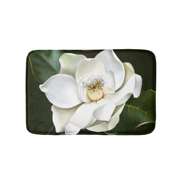 Weißes Magnolia Grüner Hintergrund Badematte (Vorderseite)