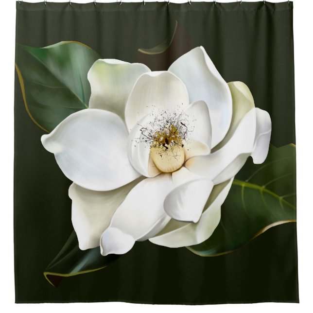 Weißes Magnolia Grüner Hintergrund Duschvorhang (Vorderseite)
