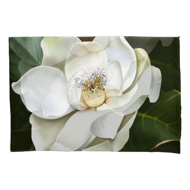 Weißes Magnolia Grüner Hintergrund Kissenbezug (Vorderseite)
