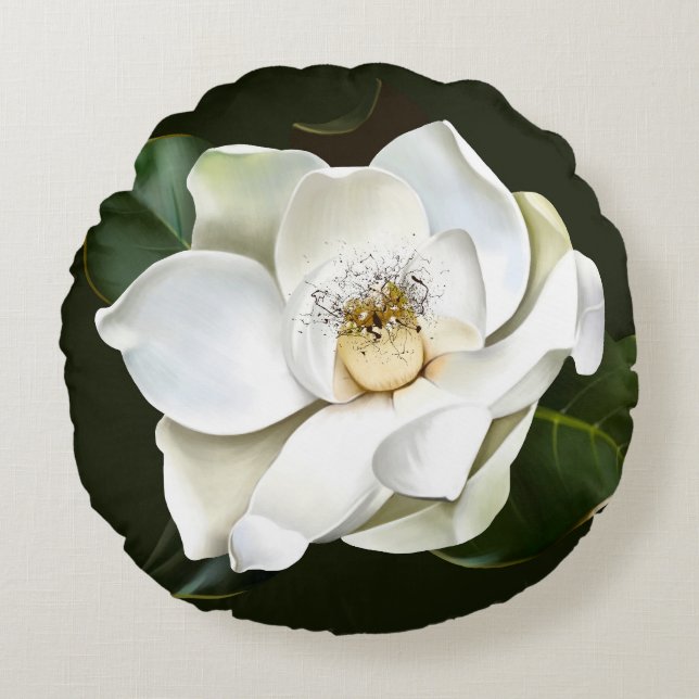 Weißes Magnolia Grüner Hintergrund Rundes Kissen (Vorderseite)