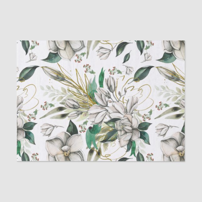 Weißes Magnolien und grüne Ribbons - Gewebepapier Seidenpapier (Vorderseite)