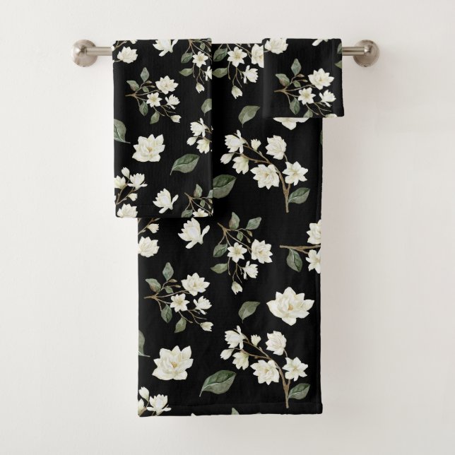 Weißes Magnolisches Wasserfarbmuster Schwarz Badhandtuch Set (Insitu)