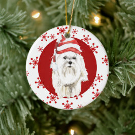 Weißes Malteser Weihnachtsmannmütze Rotes Schneefl Keramik Ornament