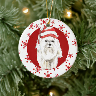 Weißes Malteser Weihnachtsmannmütze Rotes Schneefl Keramik Ornament