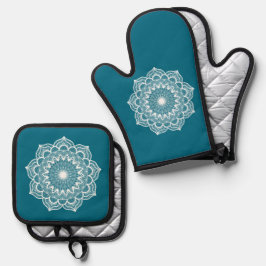 Weißes Mandala auf blauem Hintergrund Ofenhandschuh & Topflappen-Set