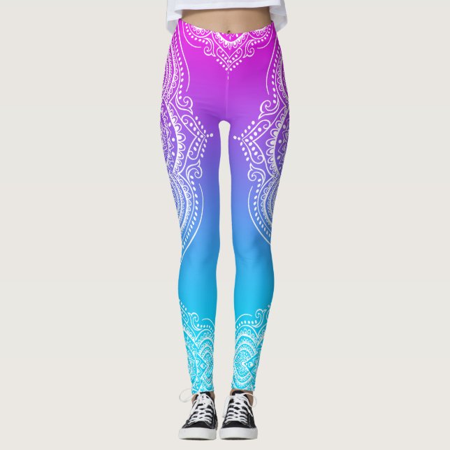 Weißes Mandala auf rosa bis blaue Ober Leggings (Vorderseite)