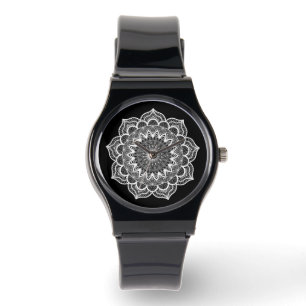 Weisses Mandala auf schwarzem Hintergrund Armbanduhr