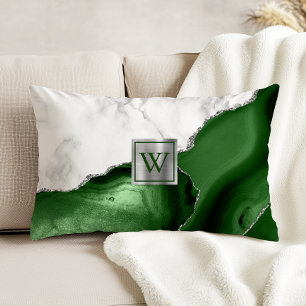 Weißes Marmor Hunter Green Agate Silver Monogram Dekokissen