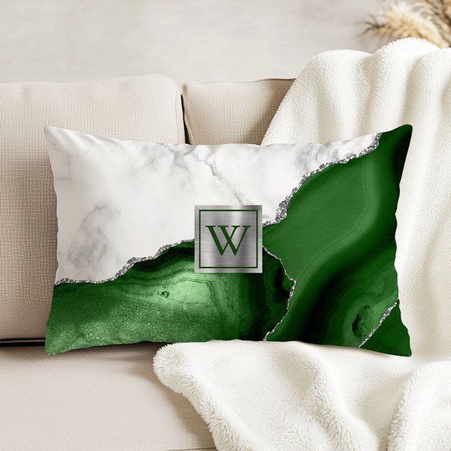 Weißes Marmor Hunter Green Agate Silver Monogram Dekokissen (Von Creator hochgeladen)
