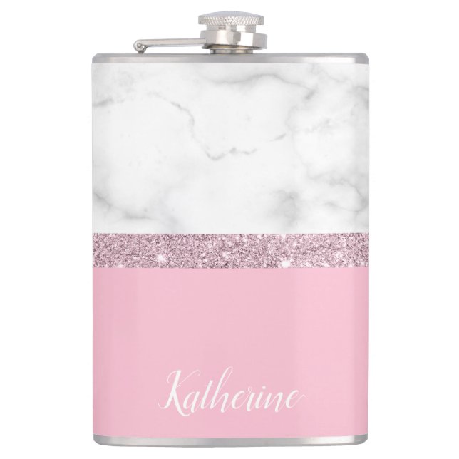 Weißes Marmorrosa des eleganten girly Flachmann (Vorderseite)