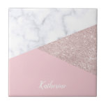 Weißes Marmorrosa des eleganten girly Fliese<br><div class="desc">Stilvoller und eleganter geometrischer Imitat-Rosen-GoldGlitter,  weißer Marmor und rosa Farbblock.</div>