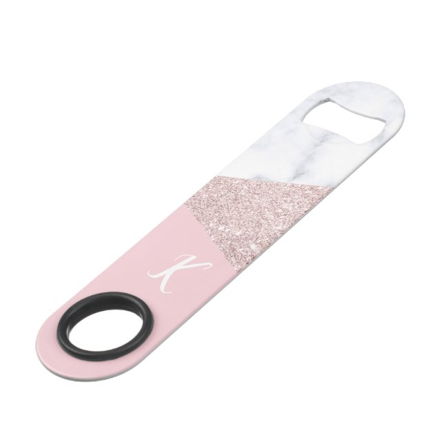 Weißes Marmorrosa des eleganten girly Speed Flaschenöffner (Vorderseite Schrägansicht)