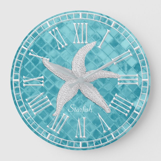 Weißes Meerfischglas (Aqua Sea Glass) Große Wanduhr (Vorderseite)