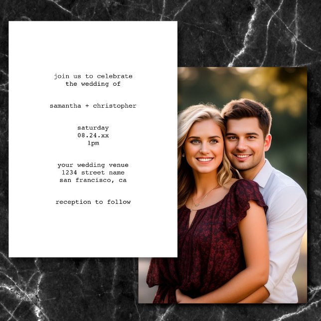 Weißes Minimalistisches Avantgarde-Foto auf der Rü Einladung (Front/Back)