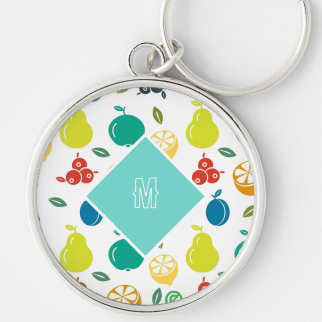 Weißes Monogram, kundenspezifisch farbige Früchte Schlüsselanhänger (Vorne)