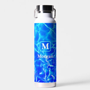 Weißes Monogramm & Name, Türkisfarbener Rahmen, Bl Trinkflasche