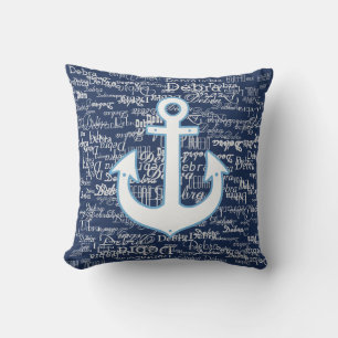 weißes Namensmuster und Anker des Schiffes, blau Kissen Für Draußen