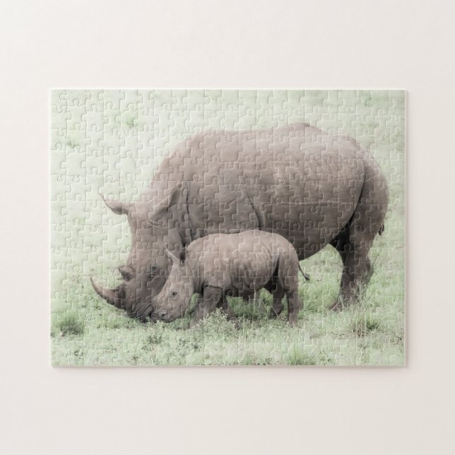 Weißes Nashorn u. Baby-Puzzlespiel (Horizontal)