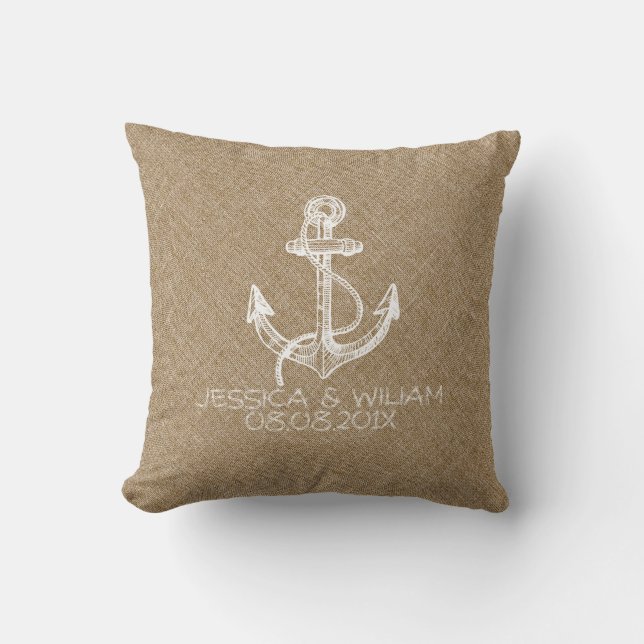 Weißes Nautikeckchen Beige Leinenprint Kissen (Vorderseite)