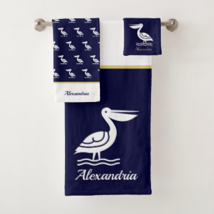 Weißes Nautikgold und marineblaues Pelikan Badhandtuch Set