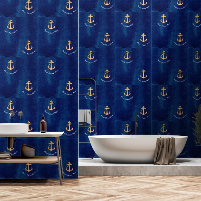 Weißes Navy Blau mit gelbem Boat Anchor Monogramm Tapete (Badezimmer)
