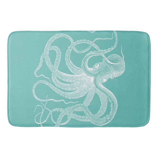 Weißes Oktopus nautische Abbildung auf blau-grün Badematte (Vorderseite)