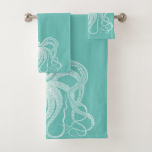 Weißes Oktopus nautische Abbildung auf blau-grün Badhandtuch Set