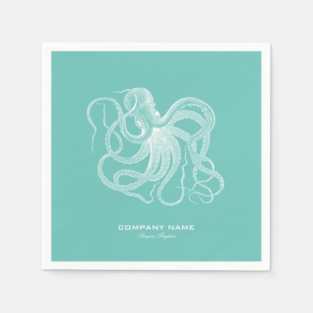 Weißes Oktopus nautische Abbildung auf blau-grün Serviette (Vorderseite)