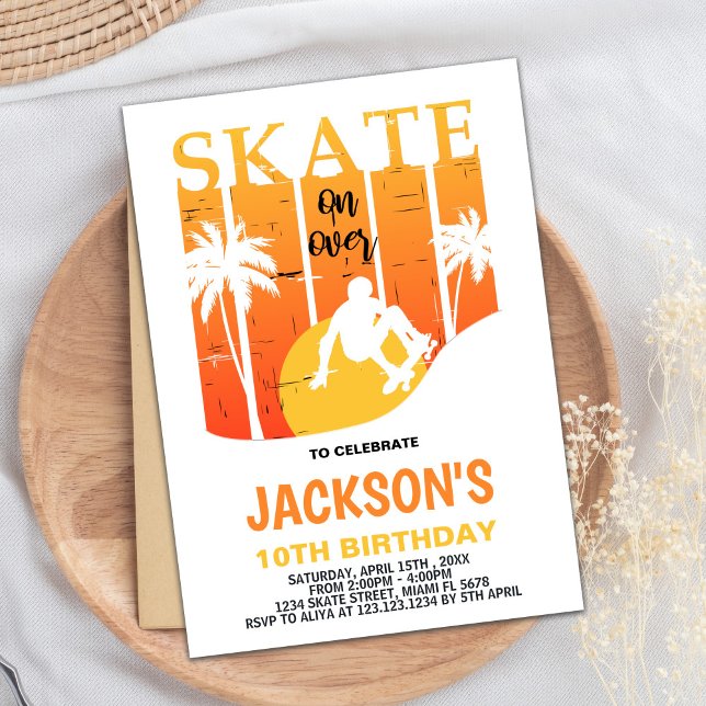 Weißes Orange Skateboard Geburtstagseinladungen Einladung (White Orange Skateboard Birthday Invitations)