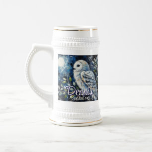 Weißes Owl am Zweig im Mondlicht Personalisiert Bierglas