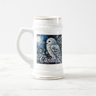 Weißes Owl am Zweig im Mondlicht Personalisiert Bierglas